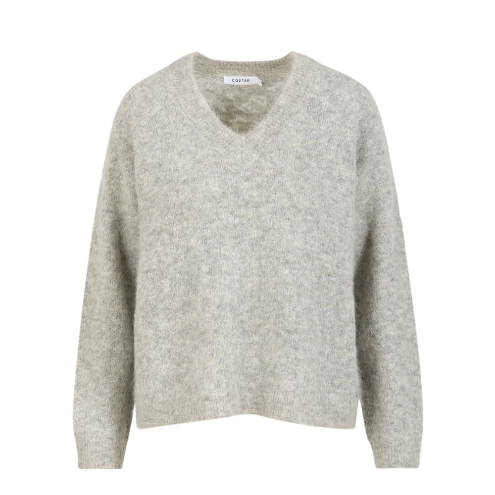 Coster Copenhagen strik - V-neck with silver houndstooth – 255-2533 – Mist grey
