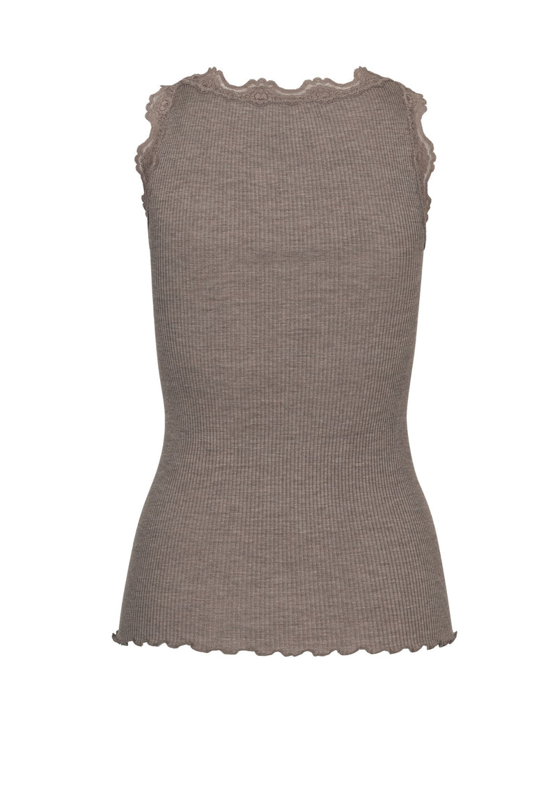 Rosemunde silke top med blonde - 5205 (Brun melange)