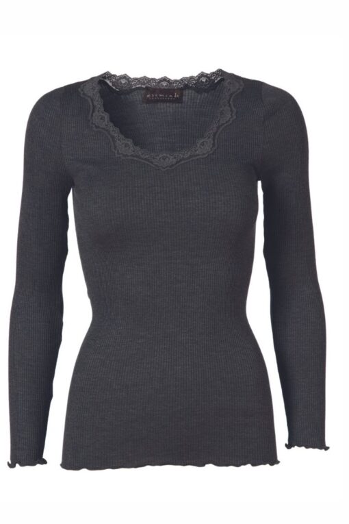 Rosemunde - Silk t-shirt w lace (Dark grey melange)