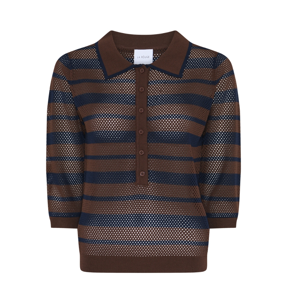 La Rouge strik polo - Charlotte (Brun/Navy) La Rouge strik polo Charlotte Knit Polo – LR1903 – Brown/Navy