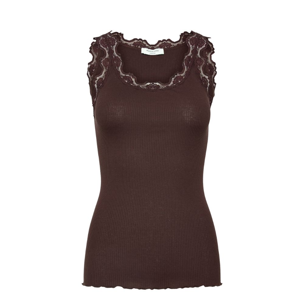 Rosemunde top med blonde - 5205 (Mørkebrun) Rosemunde top - Silk top w lace – 5205 - 856 Mole