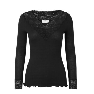 Rosemunde blonde bluse - RWBernadine Organic LS V-Neck Lace T-shirt – 4865 - 010 Black