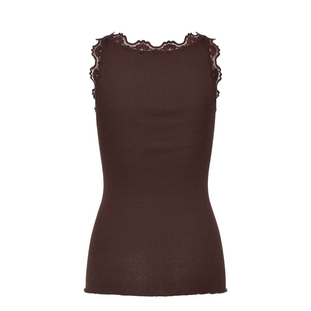 Rosemunde top med blonde - 5205 (Mørkebrun) Rosemunde top - Silk top w lace – 5205 - 856 Mole